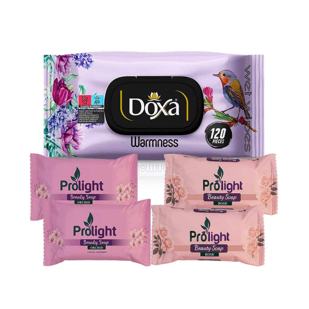 Combo de higiene personal #25: Toallitas húmedas con aróma cálido Doxa + Jabones de belleza Prolight - Imagen 1