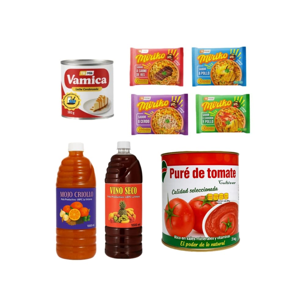 Mojo criollo + Vino seco + Leche condensada + Puré de tomate + Sopa instantánea de fideos sabor a pollo+ Sopa instantánea de fideos sabor a cerdo + Sopa instantánea de fideos sabor a carne de res + Sopa instantánea de fideos sabor a camaron y pollo - Imagen 1