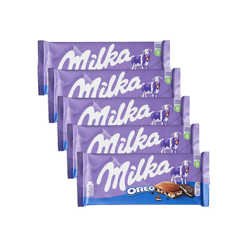 Tableta de chocolate con leche con galletas y relleno cremoso Milka Oreo (5 x 100 g / 3.52 oz) - Imagen 1