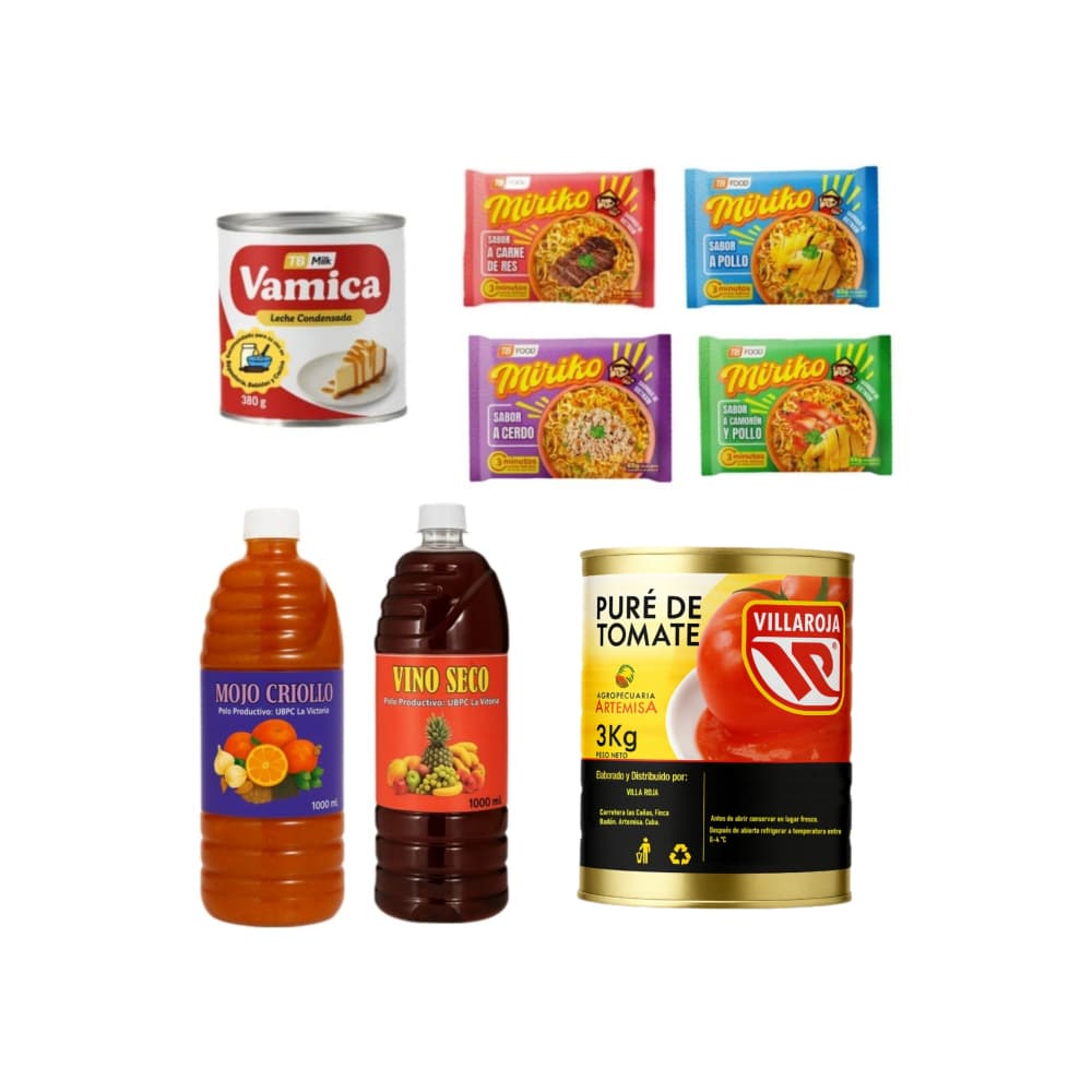 Pure de tomate + Mojo criollo + Vino seco + Leche condensada + Sopa instantánea de fideos sabor a cerdo + Sopa instantánea de fideos sabor a carne de res + Sopa instantánea de fideos sabor a pollo + Sopa instantánea de fideos sabor a camaron y pollo - Imagen 1