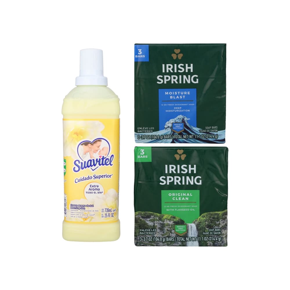 Suavizante para ropa aroma de sol Suavitel + Jabón de baño limpieza original Irish Spring + Jabón de baño ráfaga de humedad Irish Spring - Imagen 1