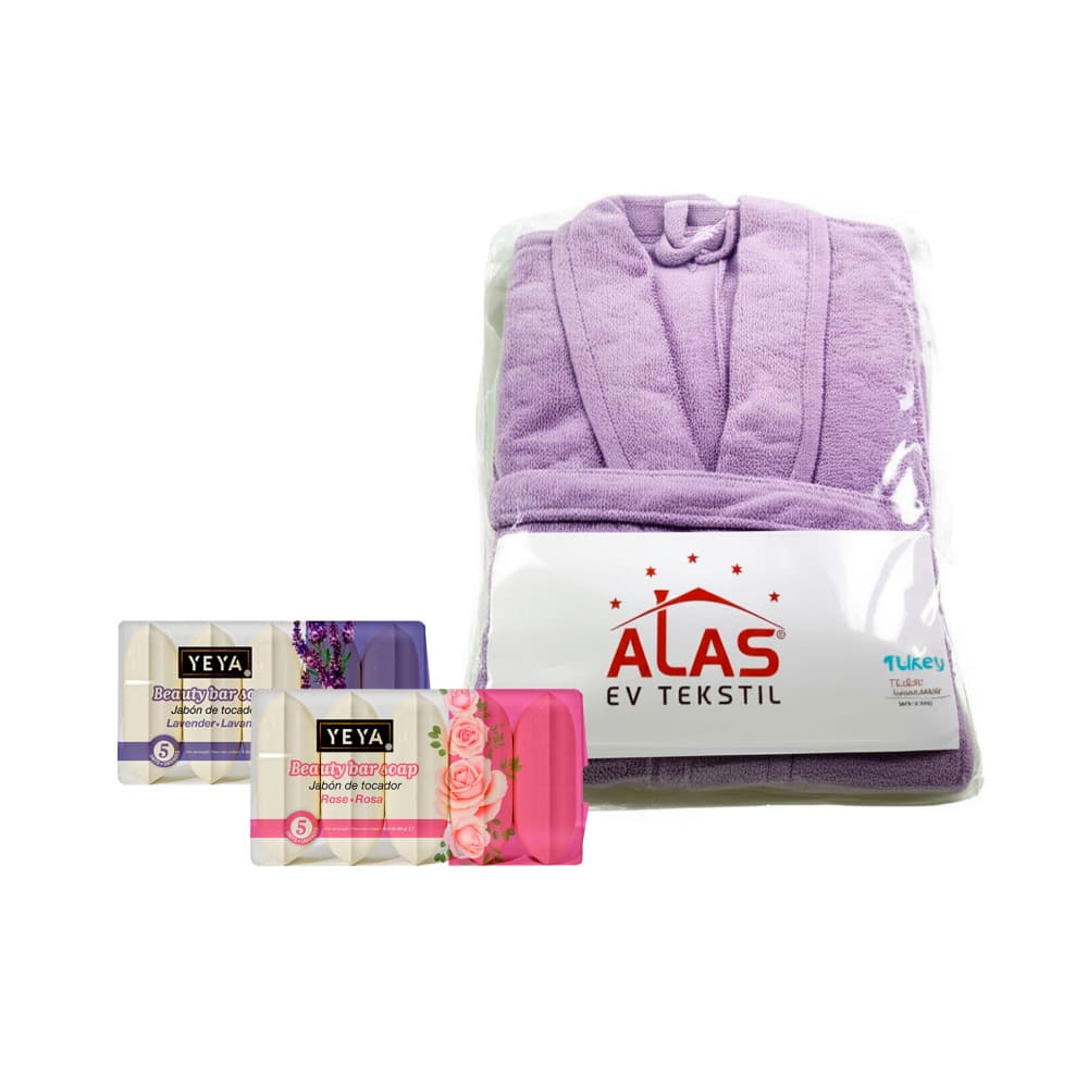 Jabón de tocador de rosa + Bata de baño talla M + Jabón de tocador de lavanda - Imagen 1