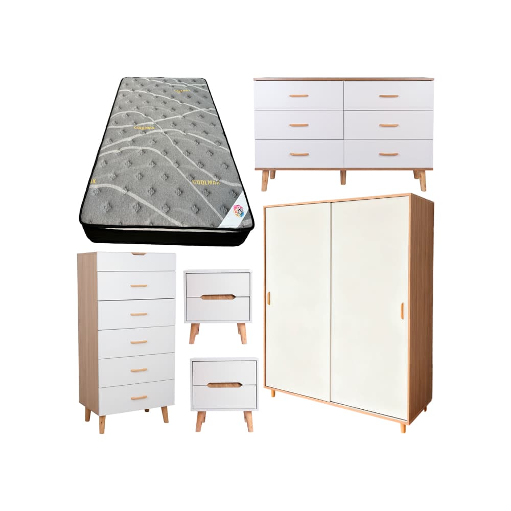 Juego de cuarto #5 Sail & Color a full: armario + gavetero alto + gavetero tipo cómoda + 2 mesitas de noche + colchón camero - Imagen 1