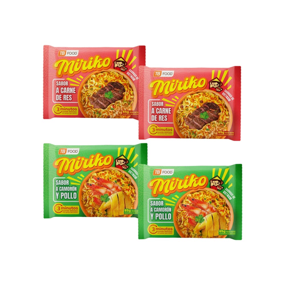 Sopa instantánea de fideos sabor a camarón y pollo Miriko + Sopa instantánea de fideos sabor a carne de Res Miriko - Imagen 1
