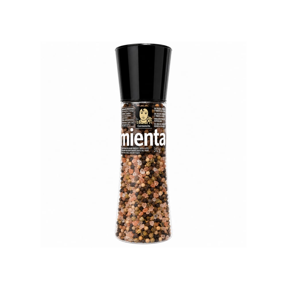 Sal rosa del Himalaya y 3 pimientas. Molinillo sazonador Carmencita (312 g / 11 oz) - Imagen 1