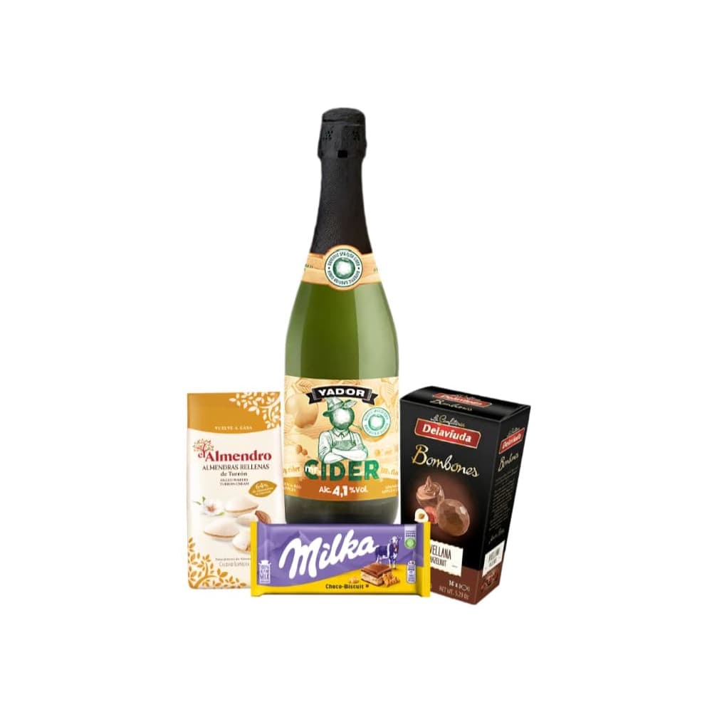 Combo de Sidra + chocolate Milka + bombones rellenos con almendras + almendras rellenas de turrón - Imagen 1