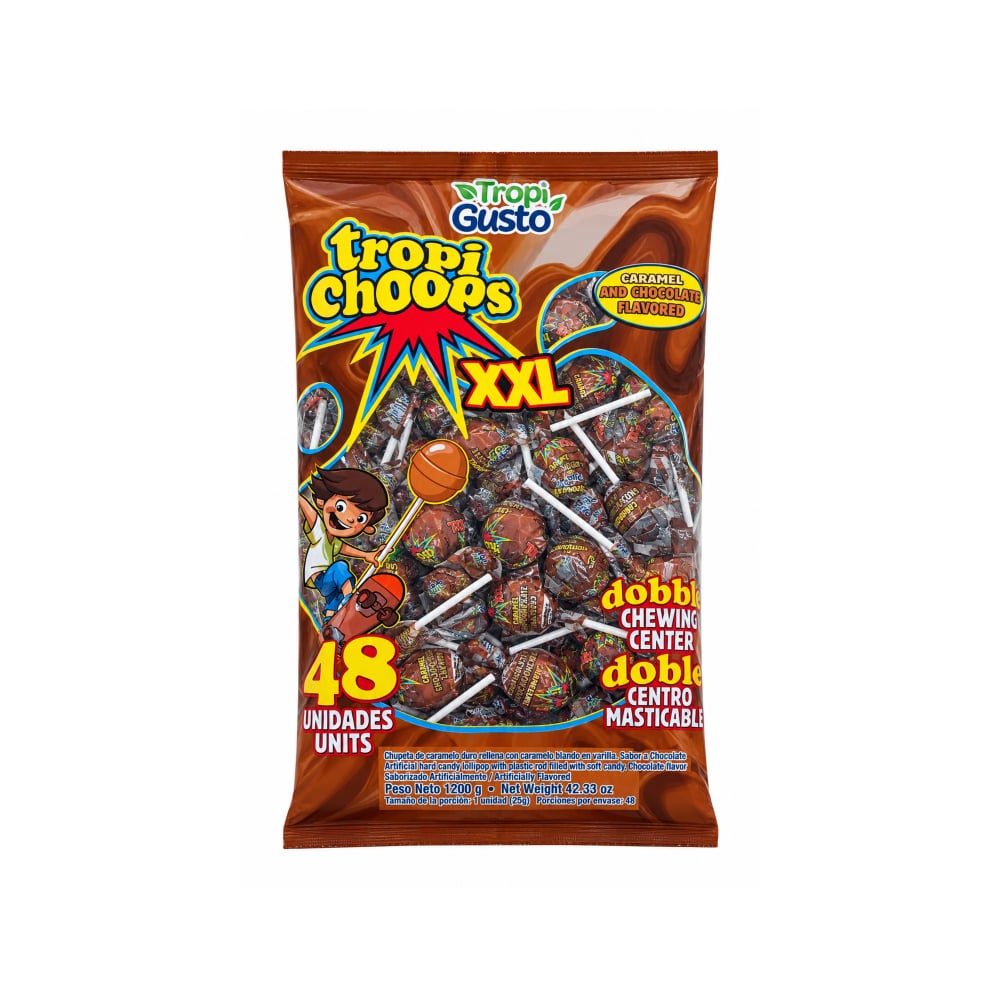 Paquete de chupa chupa XXL relleno con caramelo sabor a chocolate Tropi Gusto (1.2 kg / 2.64 lb) - Imagen 1