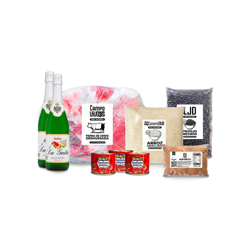 Combo navideño: Sidra La Gaita + Frijoles negros + Arroz de grano largo + Pierna de cerdo deshuesada + Pure de tomate Burcu + Sazón completo - Imagen 1