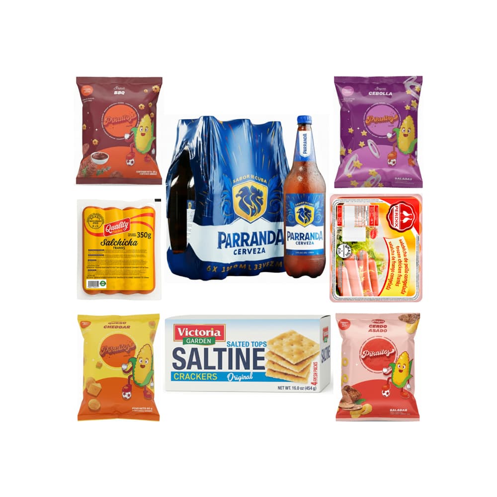 Combo Kit de Fiesta Instantánea: Cerveza Parranda (6x1500ml) + 4 paquetes de Snacks Pikaitos (60 g / 2.12 oz) sabores: queso, cebolla, BBQ, cerdo + 1 Salchicha de pollo Quality Chicken (350 g / 12.35 oz) + 1 Salchichas de pollo Perdix (340 g / 12 oz) + 1 Galletas saladas Victoria Garden (454 g / 16 oz). - Imagen 1