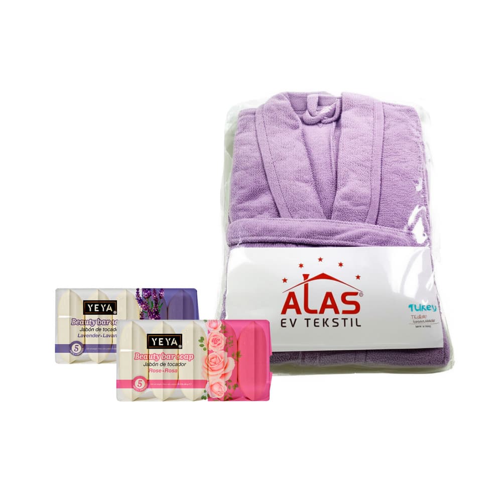 Jabón de tocador de rosa + Bata de baño talla L + Jabón de tocador de lavanda - Imagen 1