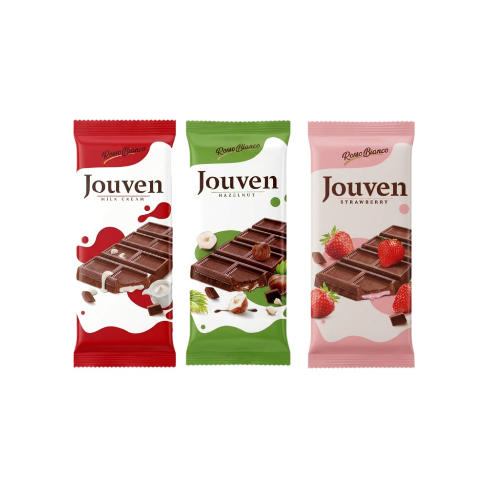 Tabletas de chocolate rellena de crema de avellanas, fresa y leche Jouven Rosso Bianco - Imagen 1