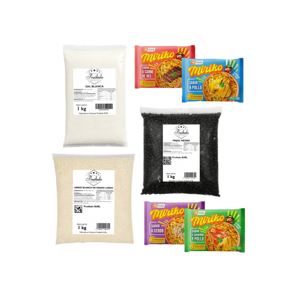 Sal blanca + Arroz blanco de grano largo + Frijol negro + Sopa instantánea de fideos sabor a pollo + Sopa instantánea de fideos sabor a carne de res + Sopa instantánea de fideos sabor a cerdo + Sopa instantánea de fideos sabor a camaron y pollo - Imagen 1