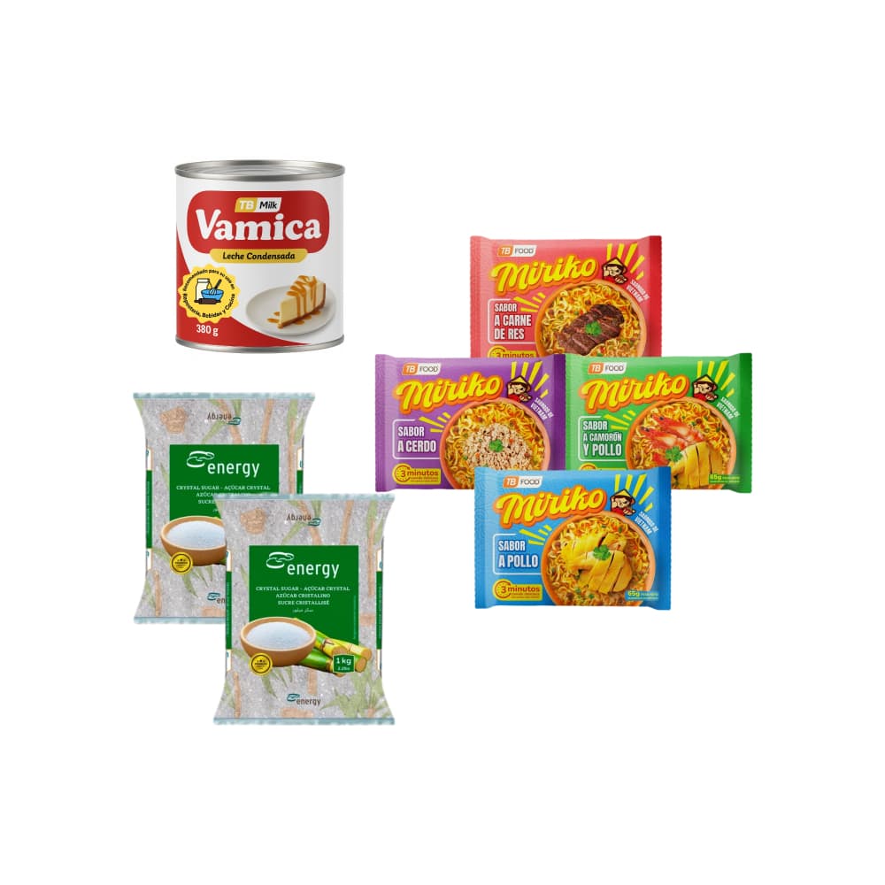 Sopa instantánea de fideos sabor a pollo + Sopa instantánea de fideos sabor a cerdo + Sopa instantánea de fideos sabor a carne de res + Sopa instantánea de fideos sabor a camaron y pollo + Leche condensada + Azúcar blanca cristalina - Imagen 1