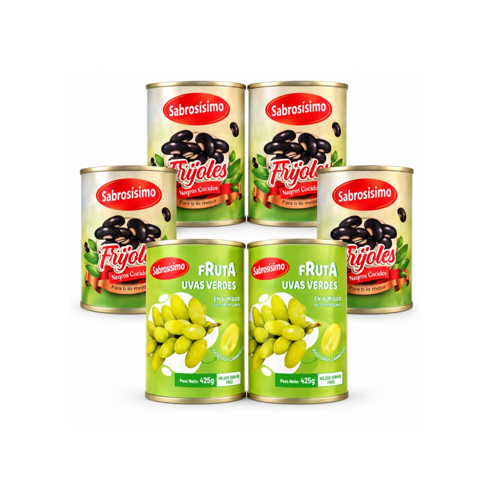 Combo Frijoles negros cocidos Sabrosísimo (4 x 400 g / 14.11 oz) + Uvas verdes en almíbar Sabrosísimo (2 x 425 g / 14.99 oz) - Imagen 1