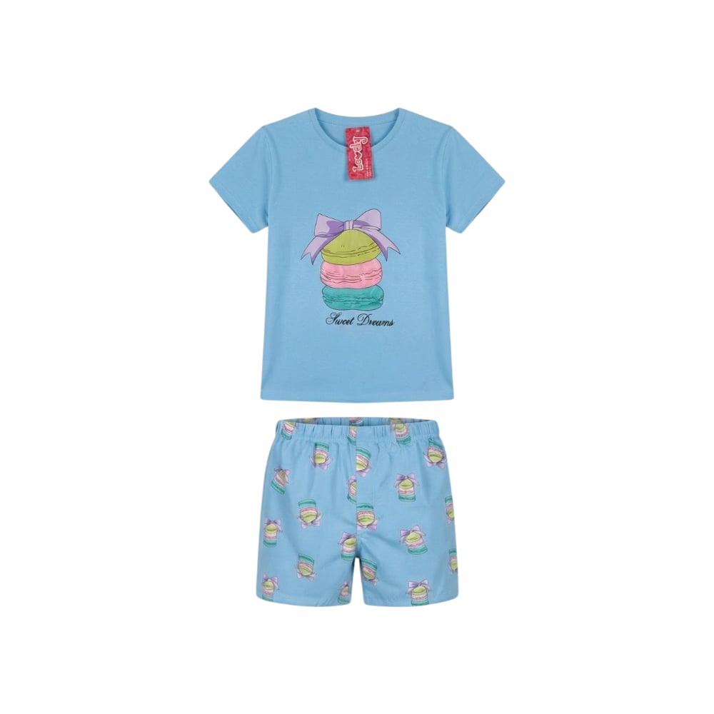Pijama de dos piezas femenino color azul con diseño central macarons Lovely (Talla L) - Imagen 1