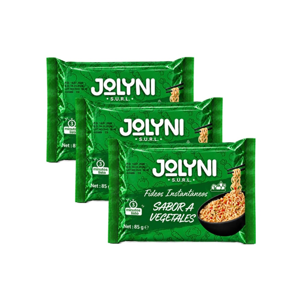 Sopa de fideos instantáneos sabor a vegetales Jolyni (3 x 85 g / 3 oz) - Imagen 1