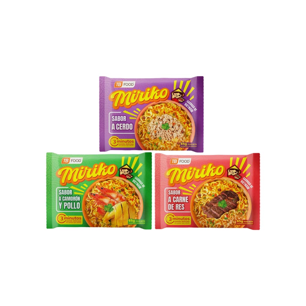 Sopa instantánea de fideos sabor a camarón y pollo Miriko + Sopa instantánea de fideos sabor a cerdo Miriko + Sopa instantánea de fideos sabor a carne de res Miriko - Imagen 1