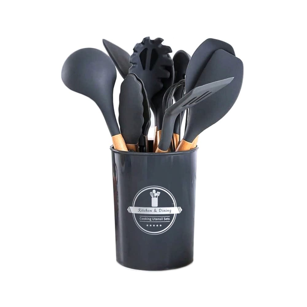 Set de utensilios de cocina de silicona con mango de madera color gris Kitchen & Dining - Imagen 1