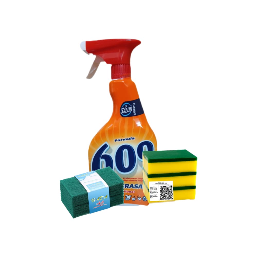 Quitagrasas profesional fórmula 609 La Salud (750 ml)+Esponja de fregar Yaqi (3 U)+Estropajo de fibra para cocina Hada (10 U) - Imagen 1