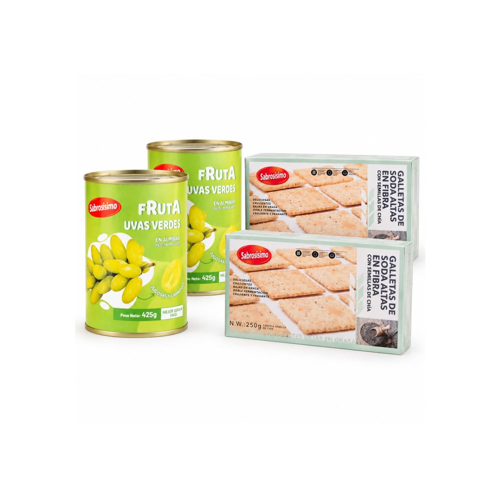 Combo Galletas de soda con semillas de Chía Sabrosísimo (2 x 250 g / 8.81 oz) + Uvas verdes en almíbar Sabrosísimo (2 x 425 g / 14.99 oz) - Imagen 1