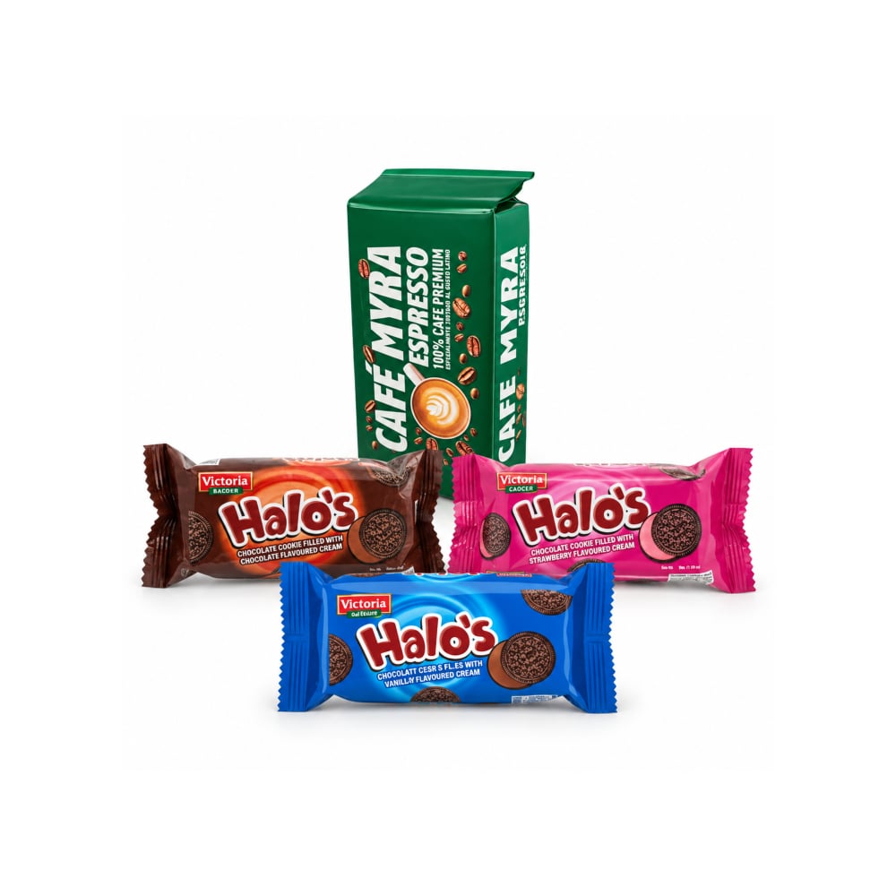 Café espresso Myra (250 g / 8.8 oz)+Galletas de chocolate rellenas con crema sabor chocolate Victoria Garden Halo’s (30 g / 1.05 oz)+Galletas de chocolate rellenas con crema sabor fresa Victoria Garden Halo’s (30 g / 1.05 oz)+Galletas de chocolate rellenas con crema sabor vainilla Victoria Garden Halo’s (30 g / 1.05 oz) - Imagen 1