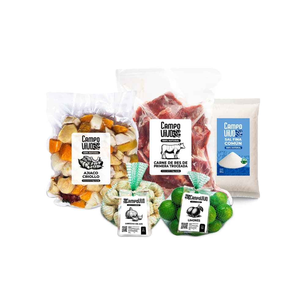 Combo para caldos Campo Vivo: Ajiaco criollo + Cabezas de ajo + Carne de res de primera troceada + Limones + Sal fina común - Imagen 1