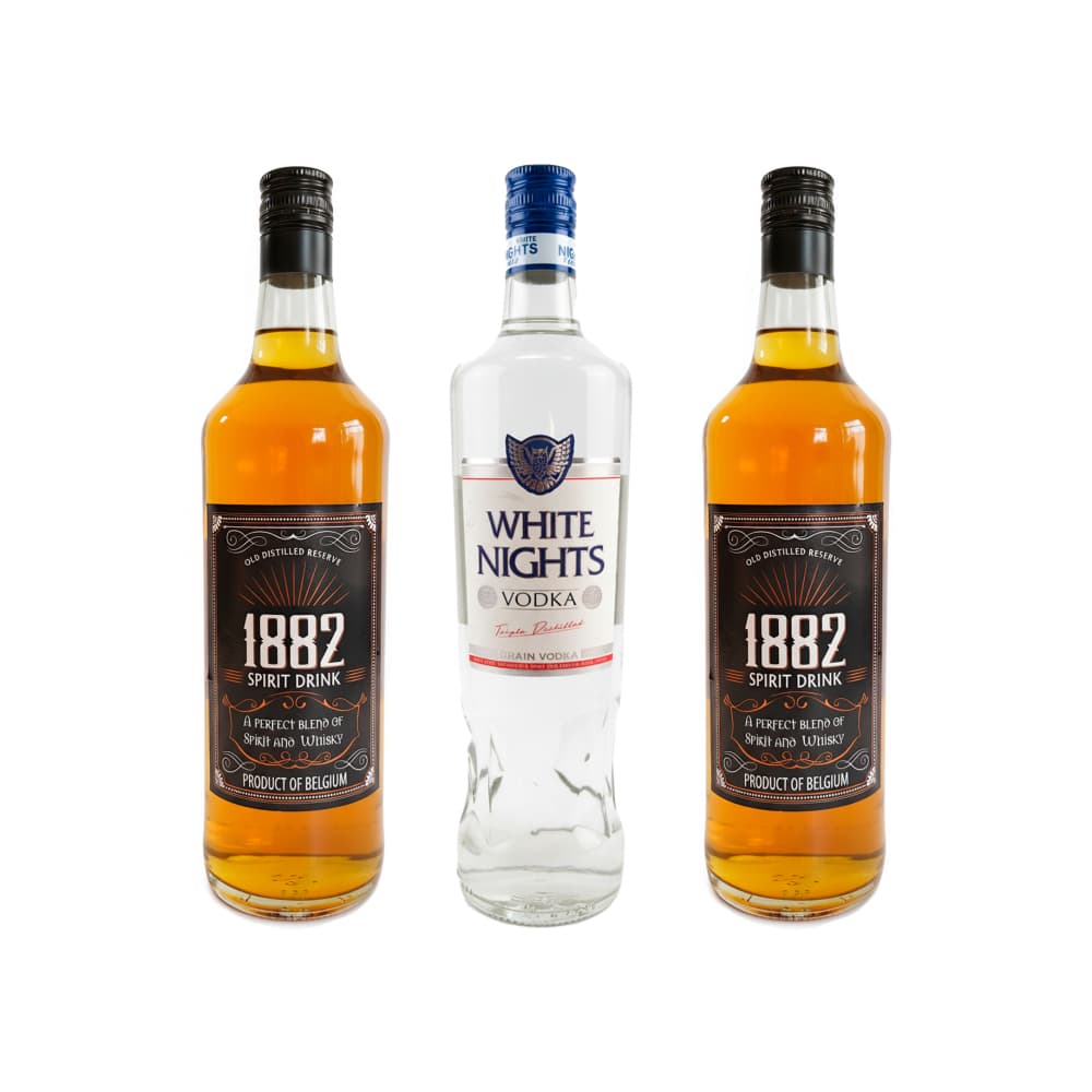 Vodka 37.5 % vol White Nights (1 L) + Whisky 40 % vol selección premium 1882 (2 x 1 L) - Imagen 1