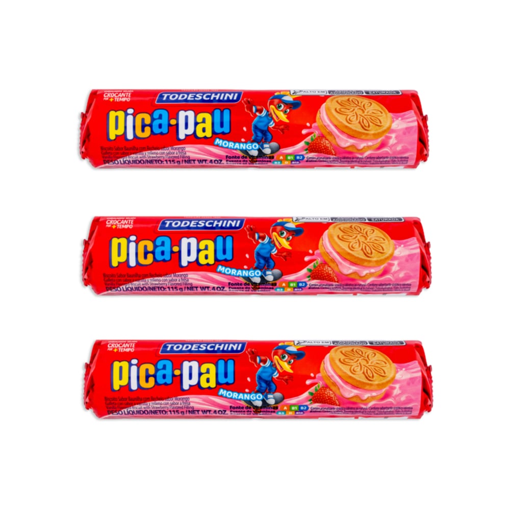 Galletas de vainilla con relleno sabor a fresa Pica Pau Todeschini (3 x 115 g / 4 oz) - Imagen 1