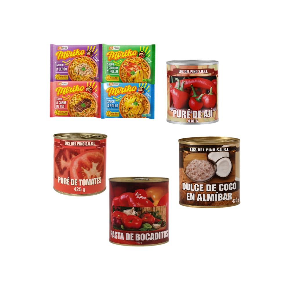 Puré de tomate + Pasta de bocaditos + Sopa instantánea de fideos sabor a camarón y pollo + Sopa instantánea de fideos sabor a carne de res + Sopa instantánea de fideos sabor a cerdo + Sopa instantánea de fideos sabor a pollo + Dulce de coco en almíbar + Puré de ají - Imagen 1
