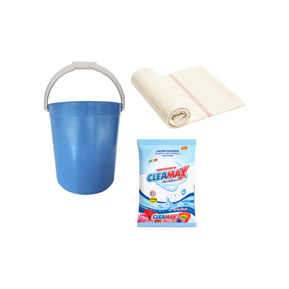Cubo plástico + Detergente en polvo para ropa Cleamax + Frazada de piso tradicional 60 cm x 80 cm ALLÁ - Imagen 1