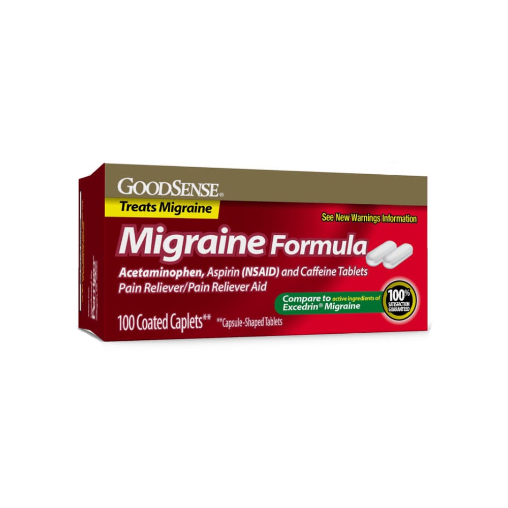 Fórmula para alivio de la migraña: Paracetamol 250 mg + Aspirina 250 mg + Cafeína 65 mg GoodSense (100 tabletas) - Imagen 1