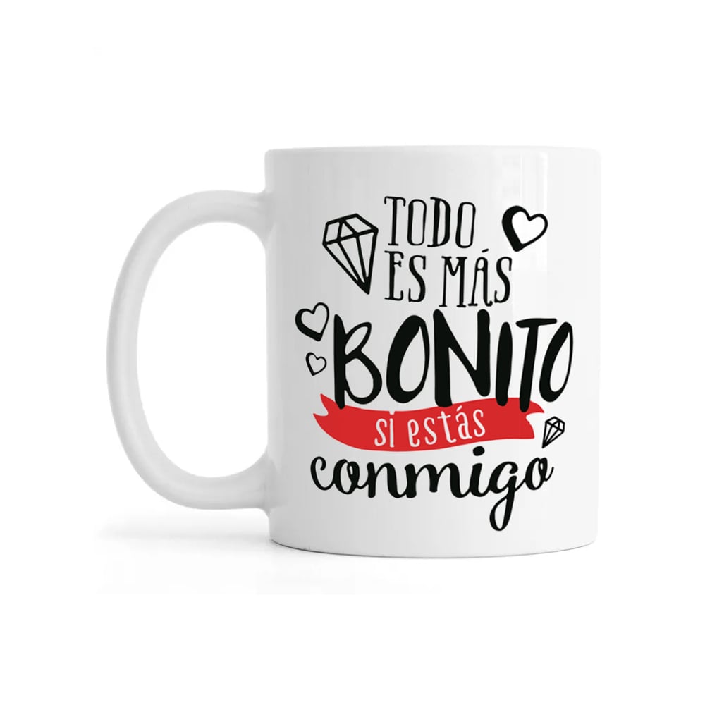 Jarra de cerámica blanca de 330 ml con diseño “Todo es más bonito si estás conmigo” Échale - Imagen 1