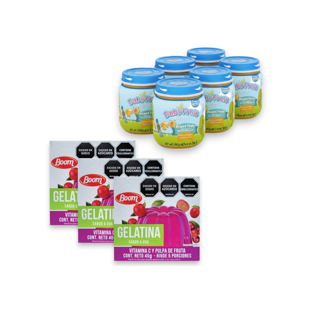 Compota de frutas mixtos Baby Fruit + Gelatina sabor uva Boom - Imagen 1