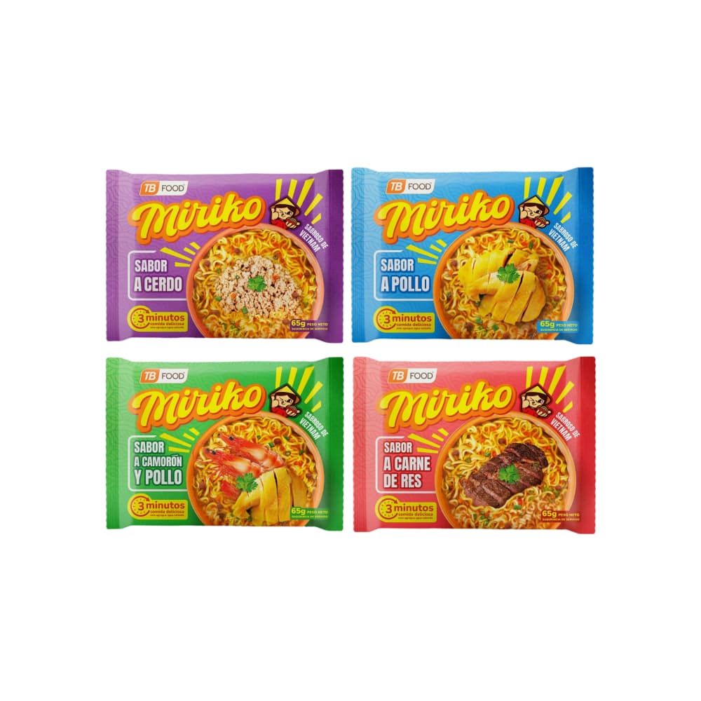 Sopa instantánea de fideos sabor a camarón y pollo Miriko + Sopa instantánea de fideos sabor a pollo Miriko + Sopa instantánea de fideos sabor a carne de res Miriko + Sopa instantánea de fideos sabor a cerdo Miriko - Imagen 1