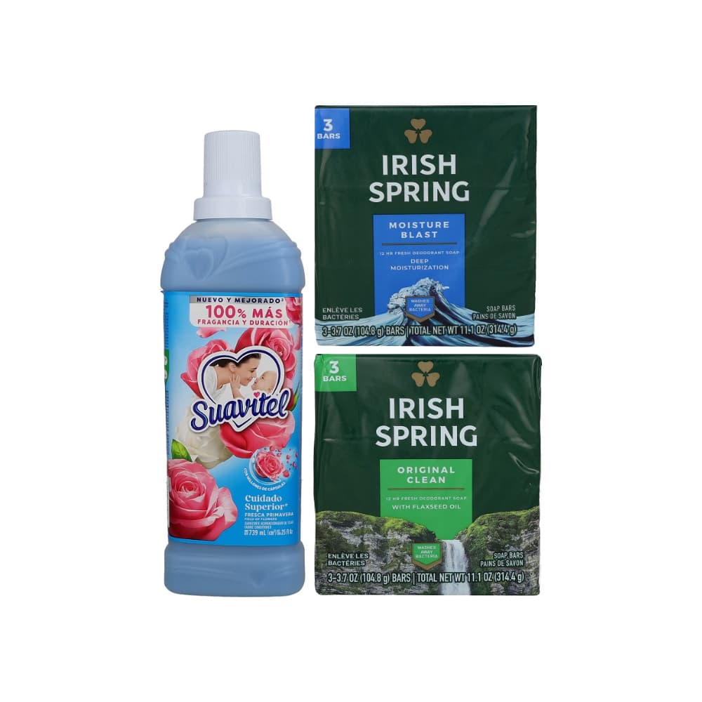 Suavizante para ropa aroma campo de flores Suavitel + Jabón de baño limpieza original Irish Spring + Jabón de baño ráfaga de humedad Irish Spring - Imagen 1