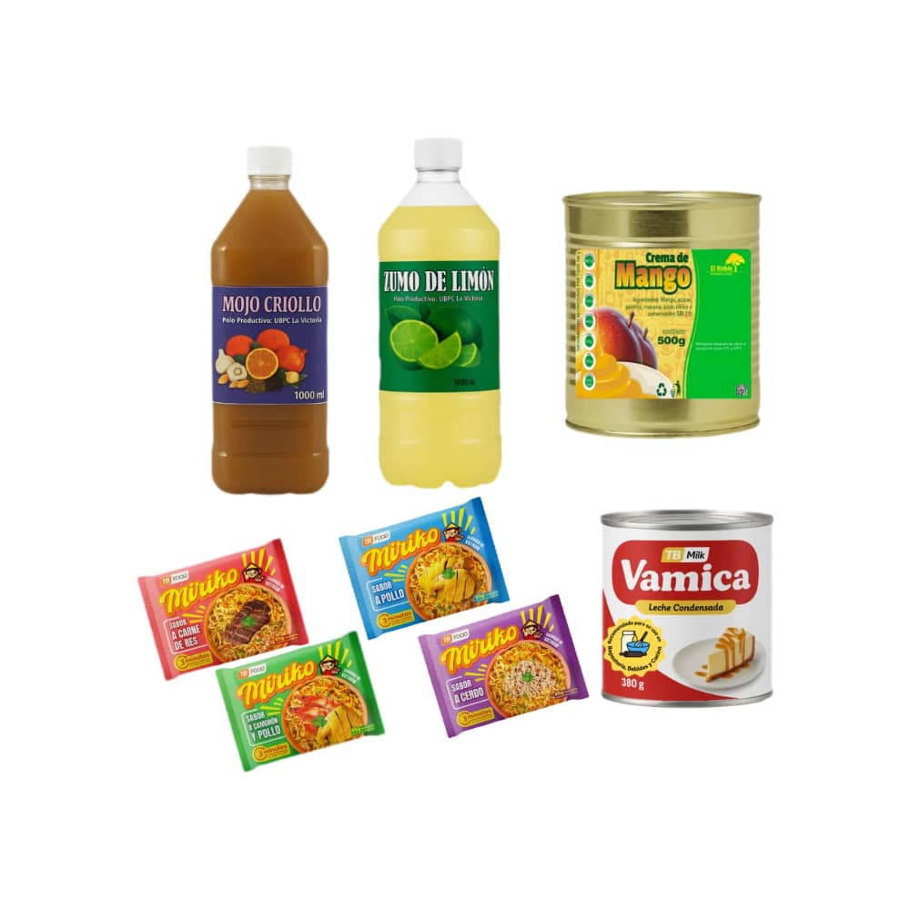 Zumo de limón + Crema de mango + Mojo criollo + Leche condensada + Sopa instantánea de fideos sabor a pollo + Sopa instantánea de fideos sabor a cerdo + Sopa instantánea de fideos sabor a carne de res + Sopa instantánea de fideos sabor a camaron y pollo - Imagen 1