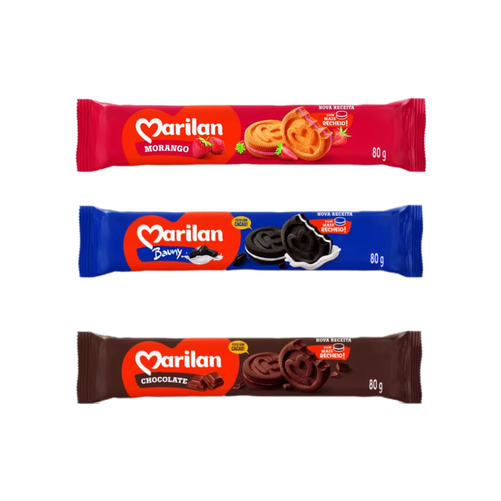 Combo galleta dulce sabor chocolate con relleno sabor a fresa Marilan (80 g / 2.82 oz)+galleta dulce sabor chocolate con relleno sabor a chocolate Marilan (80 g / 2.82 oz)+galleta dulce sabor chocolate con relleno sabor a vainilla Marilan (80 g / 2.82 oz) - Imagen 1