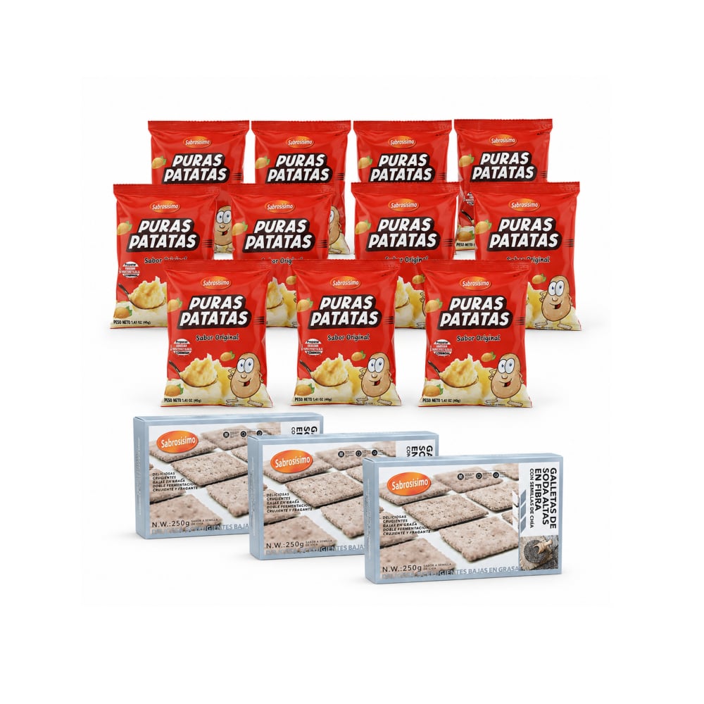 Combo puré de puras patatas instantáneo Sabrosísimo (12 x 40 g / 1.41 oz) + Galletas de soda de grano negro con semilla de chía Sabrosísimo (3 x 250 g / 8.81 oz) - Imagen 1