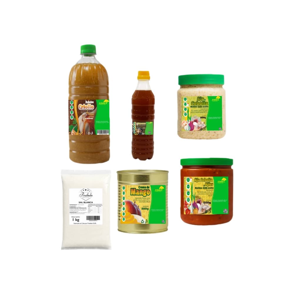 Vino seco de frutas + Crema de mango + Ajo y cebolla molidos en aceite + Adobo criollo + Ajo, cebolla, ajíes molido en aceite + Sal blanca - Imagen 1