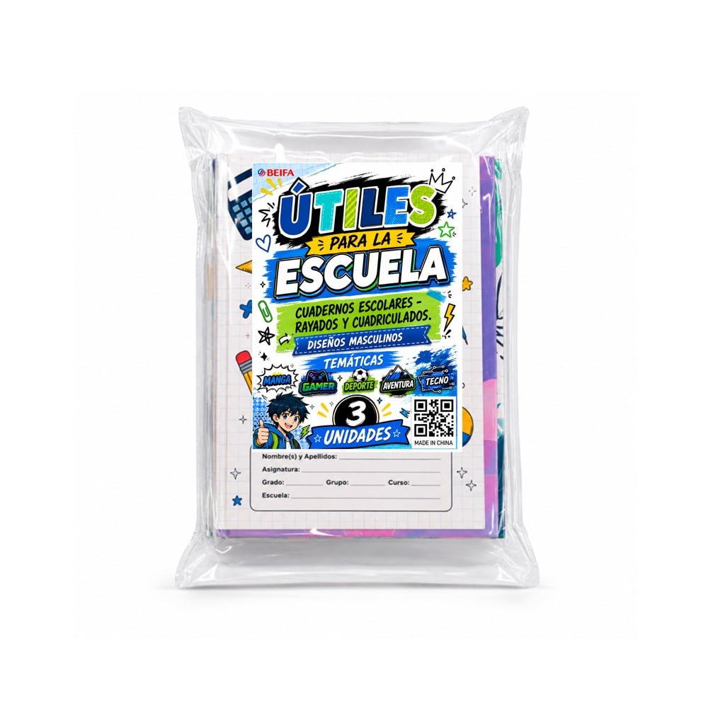Cuadernos escolares rayados y cuadriculados diseños masculinos Beifa (3 U) - Imagen 1
