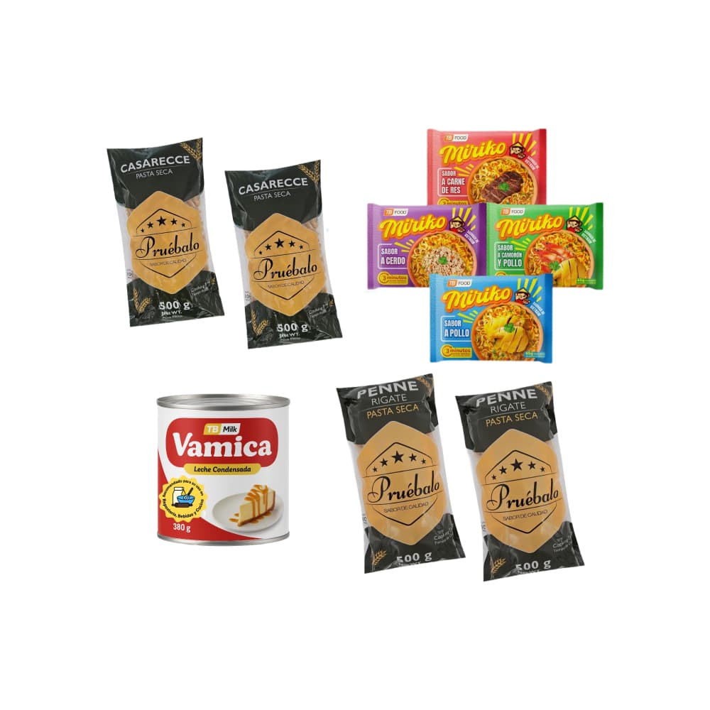 Pastas cortas -penne rigate + Pastas cortas -casarecce + Leche condensada + Sopa instantánea de fideos sabor a cerdo + Sopa instantánea de fideos sabor a pollo + Sopa instantánea de fideos sabor a carne de res + Sopa instantánea de fideos sabor a camarón y pollo - Imagen 1