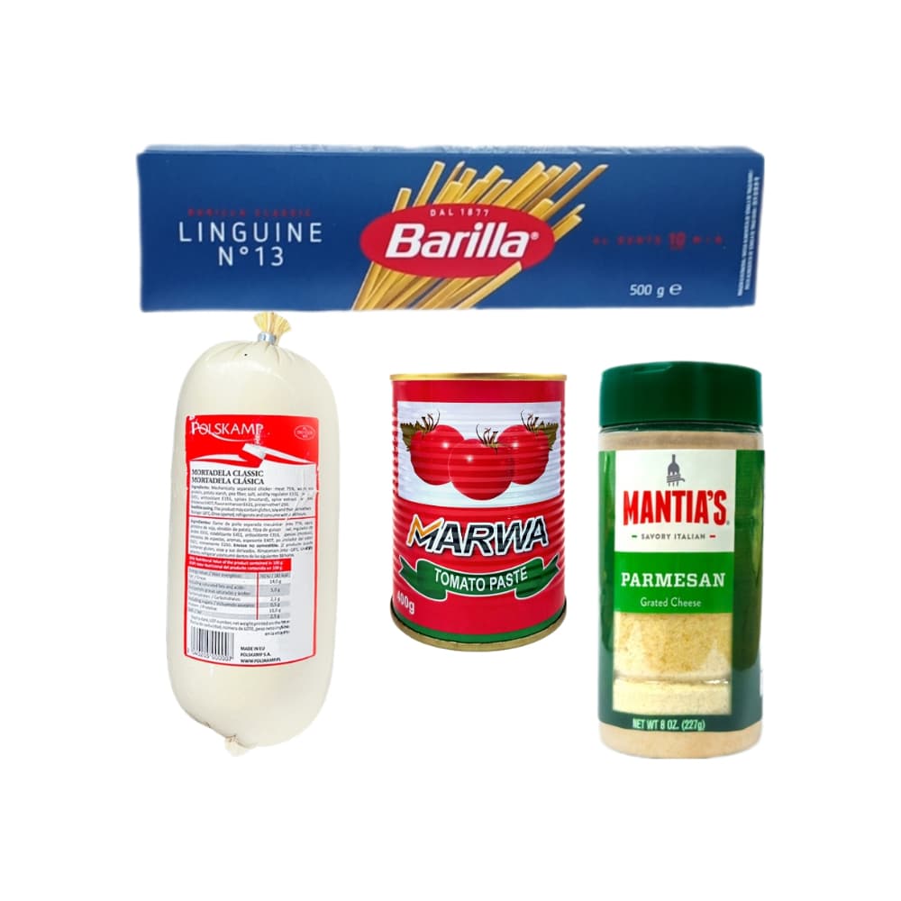Pasta linguine No.13 + Mortadela clásica + Pasta de tomate + Queso parmesano - Imagen 1