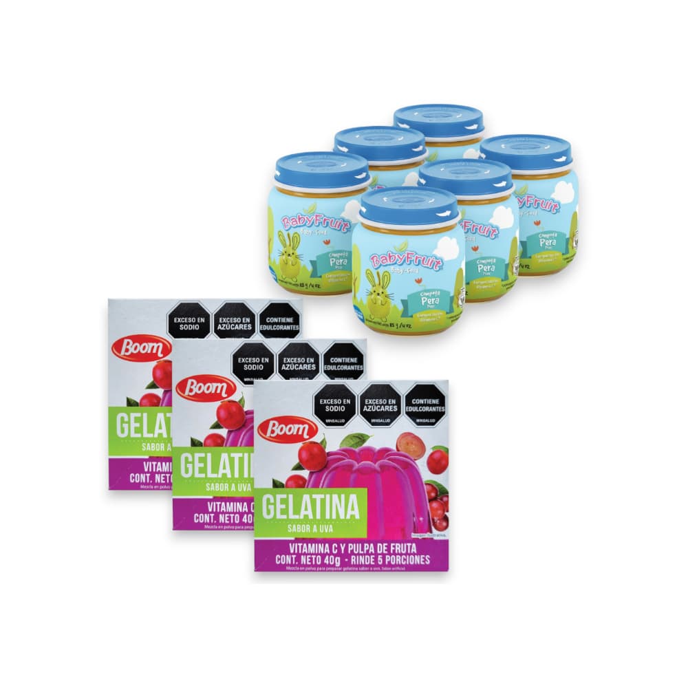 Compota de pera Baby Fruit + Gelatina sabor uva Boom - Imagen 1