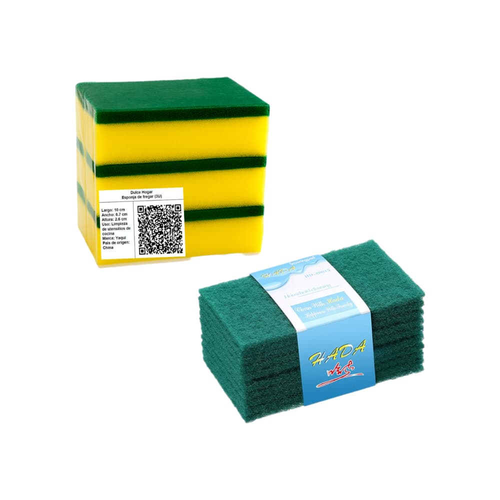 Combo esponja con fibra verde (3 U) + Estropajo de fibra para cocina Hada (10 U) - Imagen 1