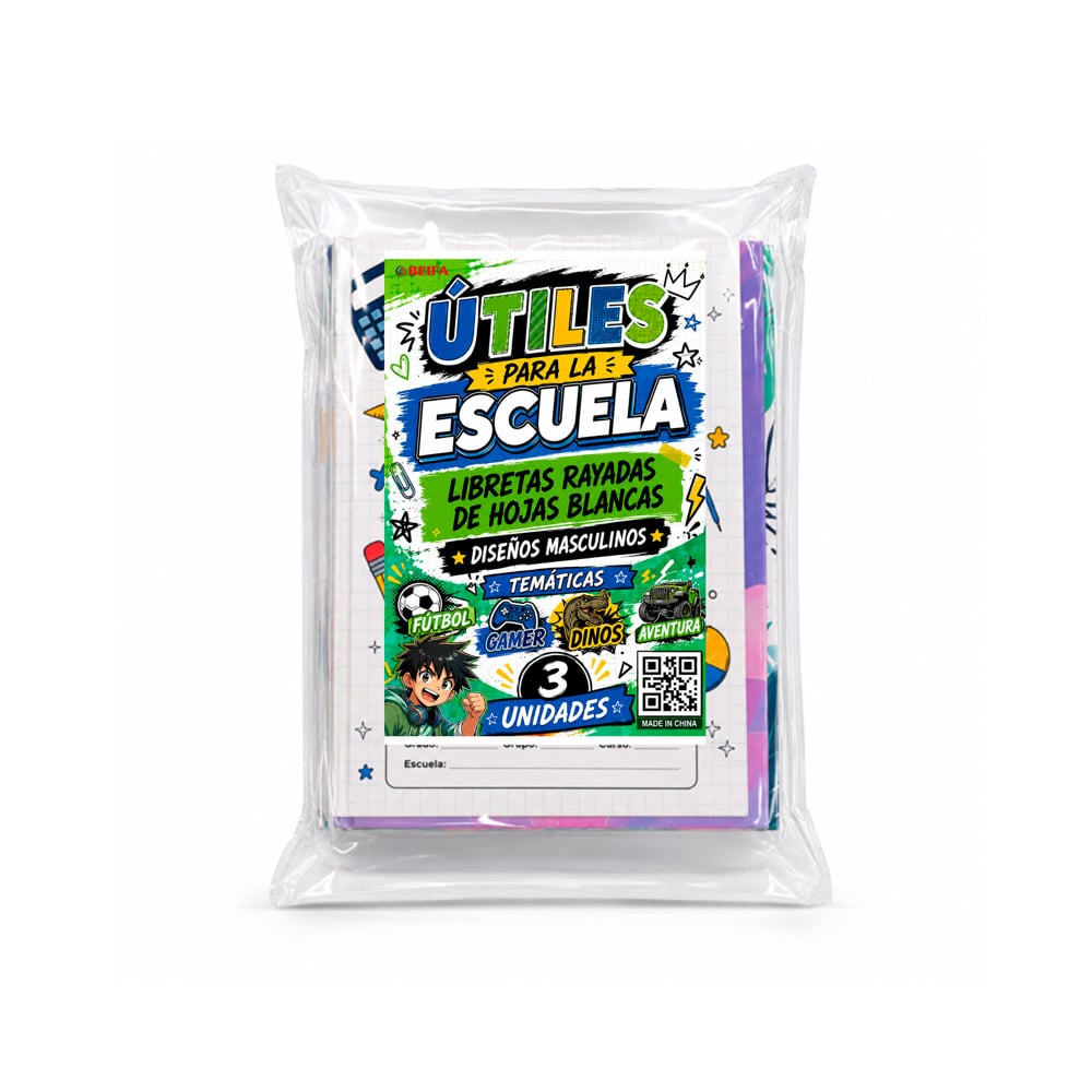 Cuadernos escolares rayados diseños masculinos Beifa (3 U) - Imagen 1