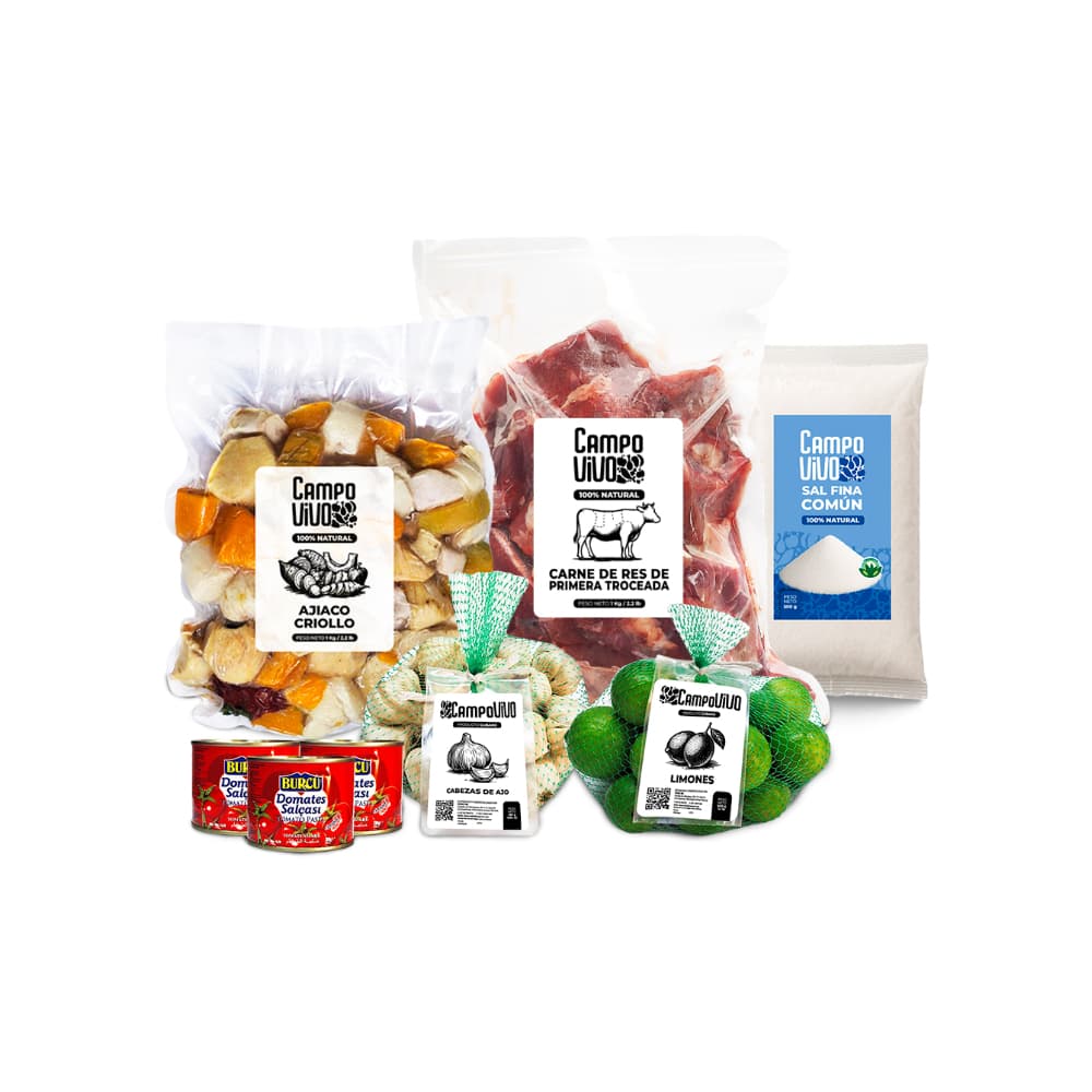 Combo para caldos Campo Vivo: Ajiaco criollo + Cabezas de ajo + Carne de res de primera troceada + Limones + Sal fina común + Pasta de tomate Burcu - Imagen 1