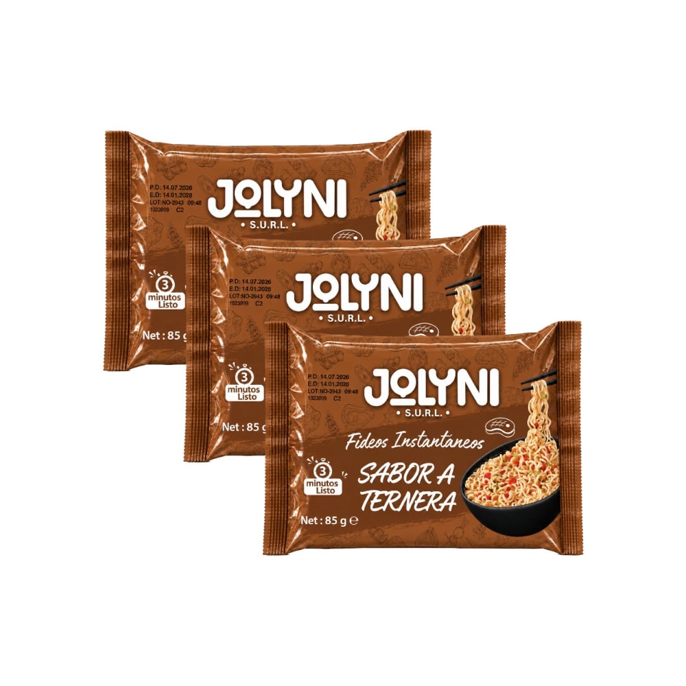 Sopa de fideos instantáneos sabor ternera Jolyni (3 x 85 g / 3 oz) - Imagen 1