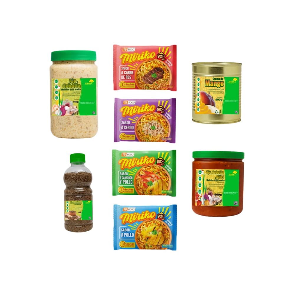 Crema de mango + Ajo, cebolla y ajíes molidos en aceite + Ajo y cebolla molida en aceite + Comino en grano + Sopa instantánea de fideos sabor a pollo + Sopa instantánea de fideos sabor a cerdo + Sopa instantánea de fideos sabor a carne de res + Sopa instantánea de fideos sabor a camaron y pollo - Imagen 1