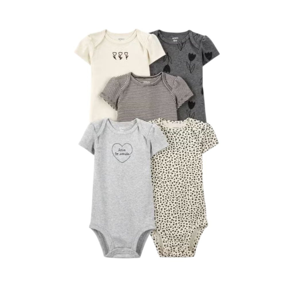 Conjunto de 5 bodys florales de manga corta para bebé Carter's (Talla-12 meses) - Imagen 1