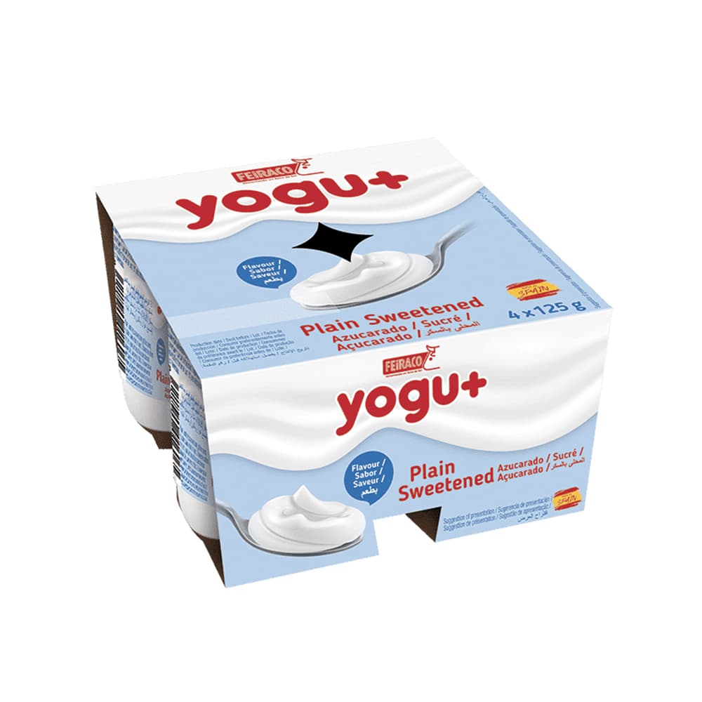 Yogurt pasteurizado sabor natural azucarado Yogu+ Feiraco (4 x 125 g / 4.41 oz) - Imagen 1